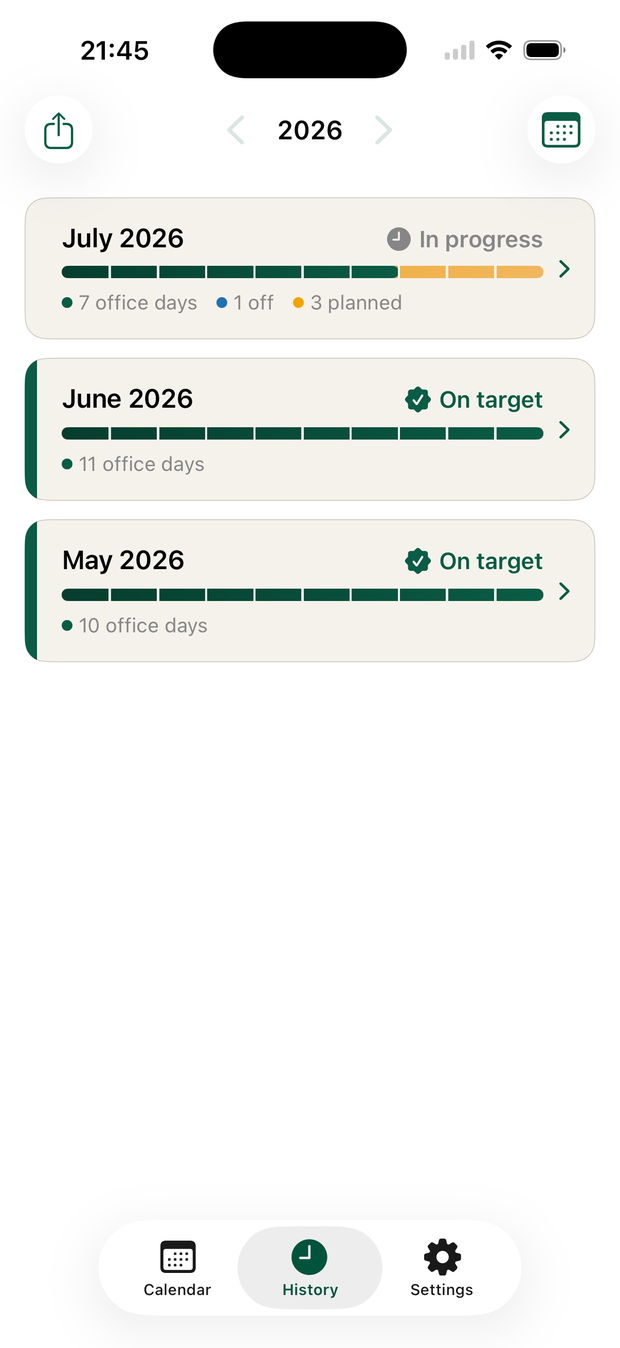 Hybrido history screen listing July, June, and May 2026 with on-target and in-progress badges.